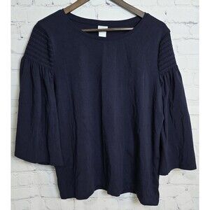 Chico's Top Women's Navy Rouched Bell 3/4 Sleeve Size 2/Lg Round Neck Stretchy